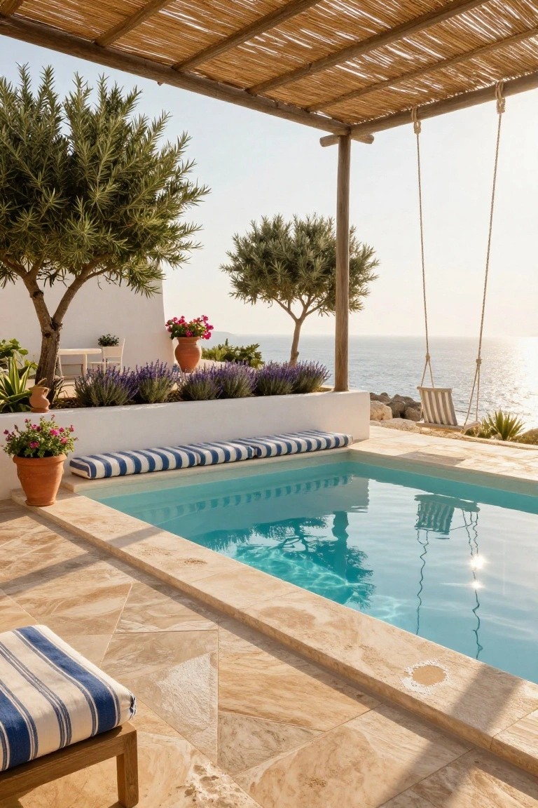 Small turquoise plunge pool adjacent to a white retaining wall planted with lavender and flowers, on a beige stone patio with olive trees, a hanging swing, and ocean view.