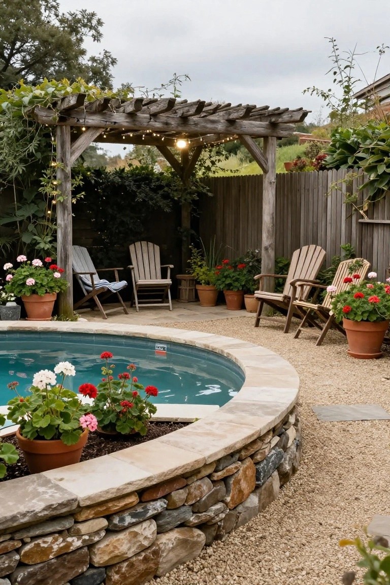 Small round above-ground pool edged by a curved low stone retaining wall, with Adirondack chairs under a wooden pergola, potted red geraniums, and gravel patio in a sloped backyard garden.