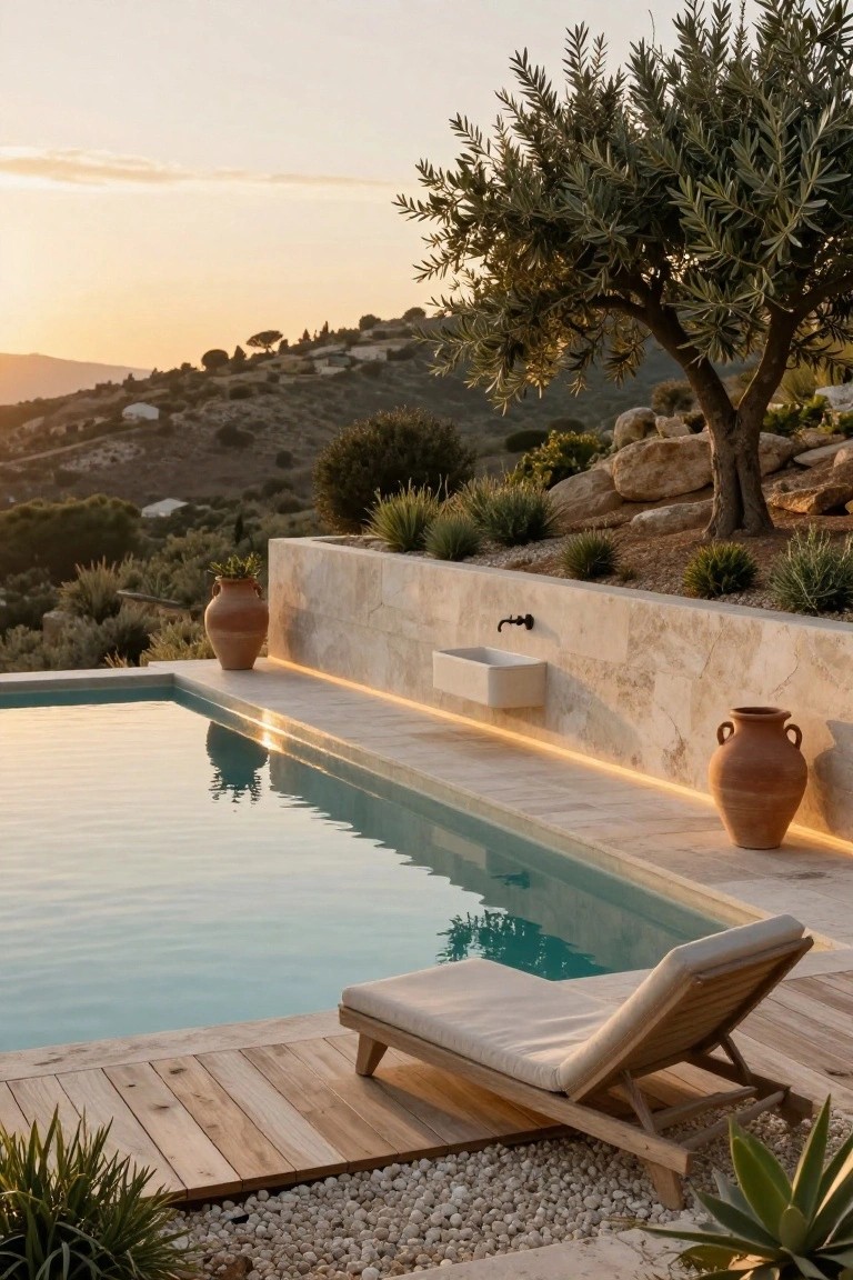 Pool Patio Terraced by Stone Retaining Wall