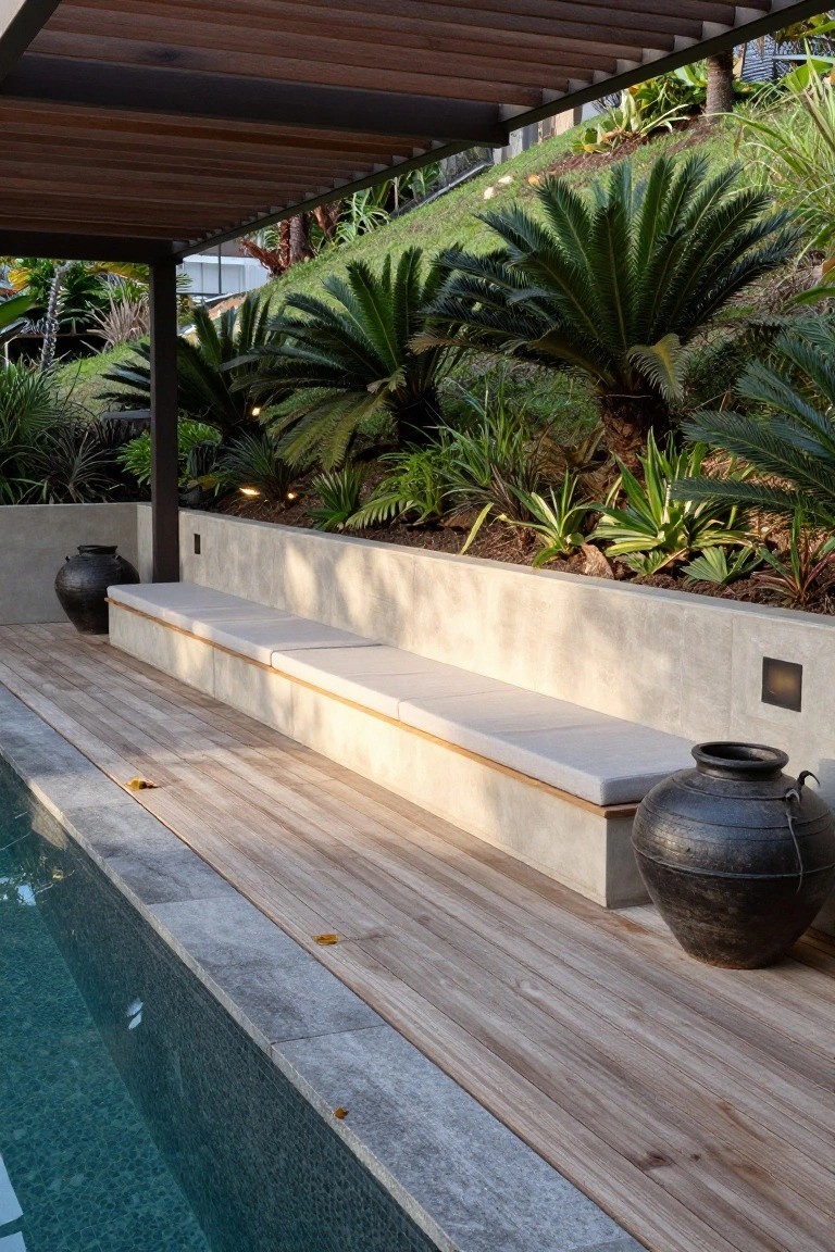Wooden deck beside an infinity-edge pool with a concrete retaining wall featuring built-in bench seating topped with white cushions, large black ceramic pots on either end, and lush tropical plants on the sloped hillside above.