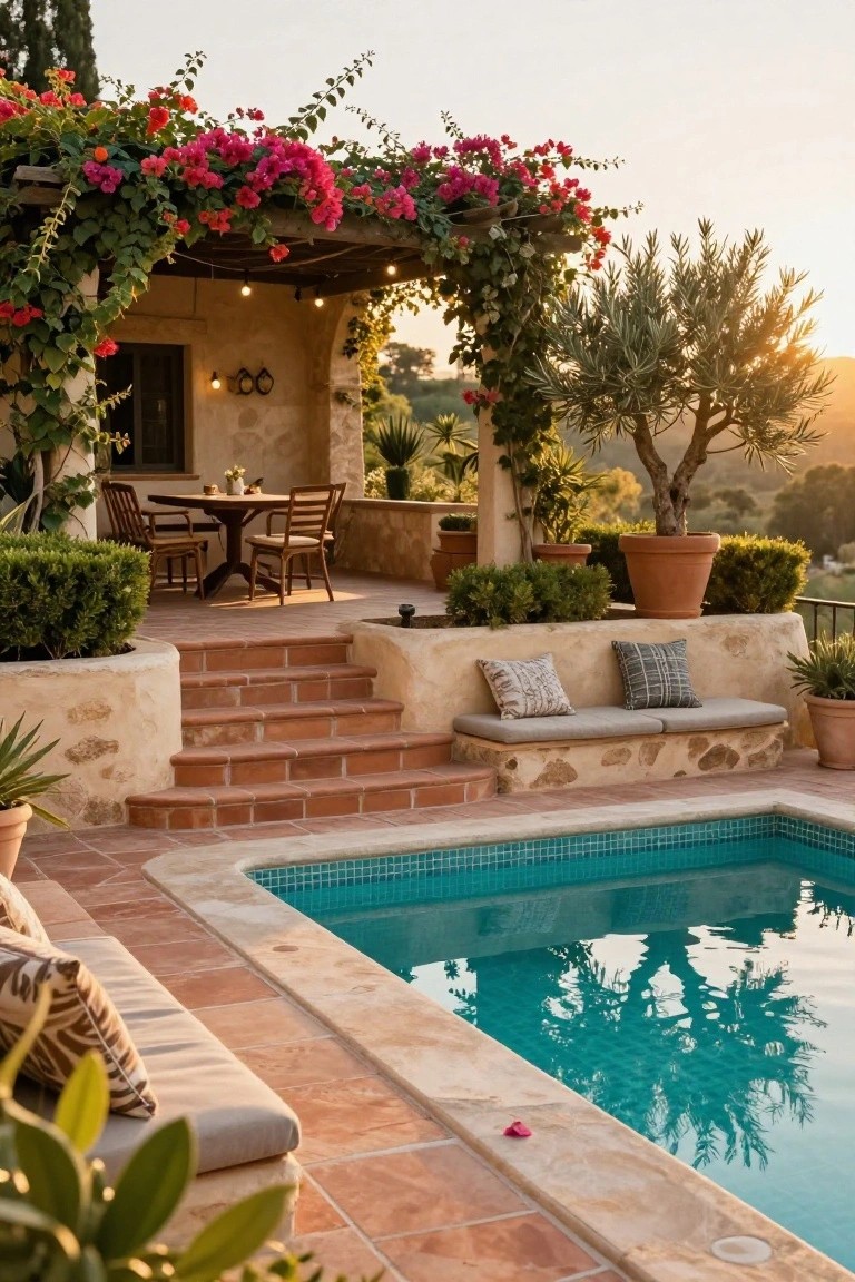 Stone retaining wall with cushioned bench and terracotta steps descending to a turquoise-tiled pool, wooden dining table under vine-covered pergola nearby, potted plants and olive trees on a sloped patio at sunset.