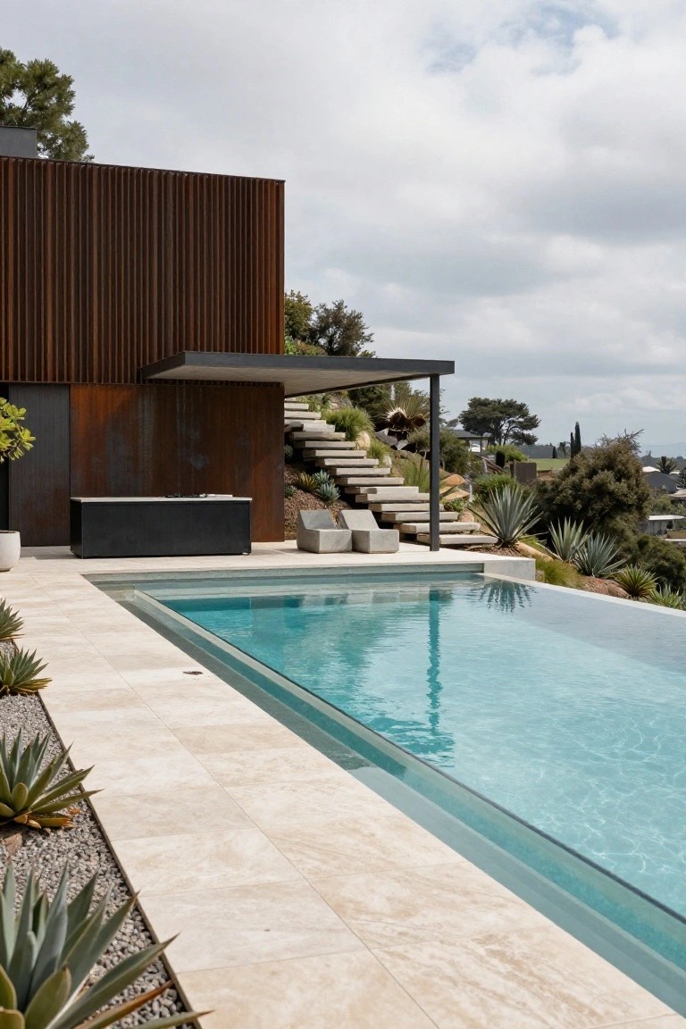 Modern infinity-edge pool on a terraced concrete patio with built-in black BBQ counter, stools, wide steps serving as retaining walls, agave plants, and rust-toned vertical metal wall on a sloped hillside under cloudy skies.