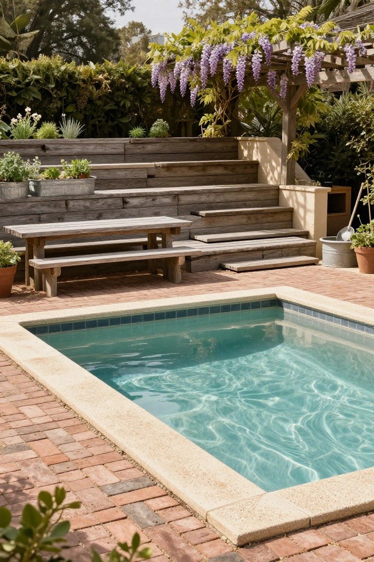 Small rectangular pool with turquoise water and blue tiles, surrounded by brick pavers and a wooden picnic table with benches, backed by terraced wooden retaining walls filled with plants and leading to steps and a wisteria arbor in a sloped garden.