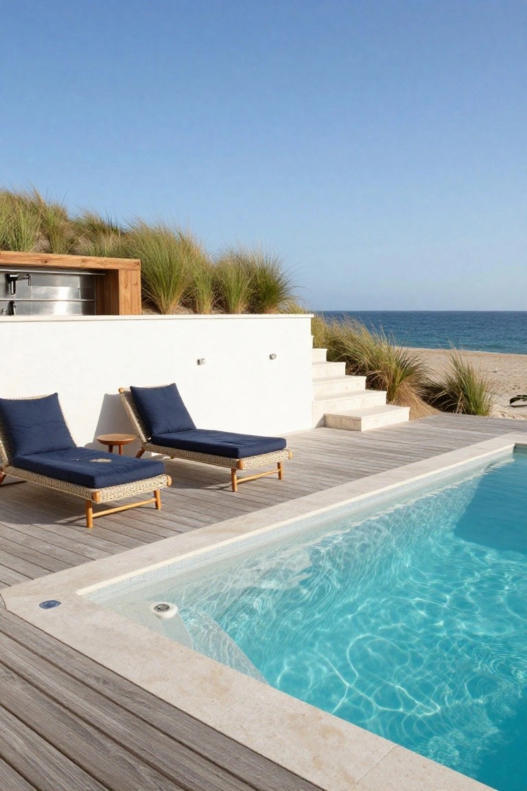 Wooden deck patio with two navy loungers beside an infinity-edge pool, white retaining wall holding back dune grasses, and ocean view in the background.