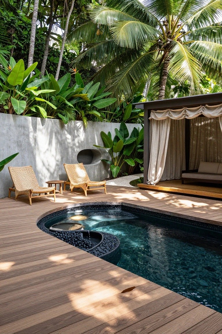 Curved black-tiled plunge pool integrated into a light wood deck patio surrounded by lush tropical plants and a textured concrete retaining wall, with rattan loungers, side table, pebble water feature, and draped pavilion with daybed.