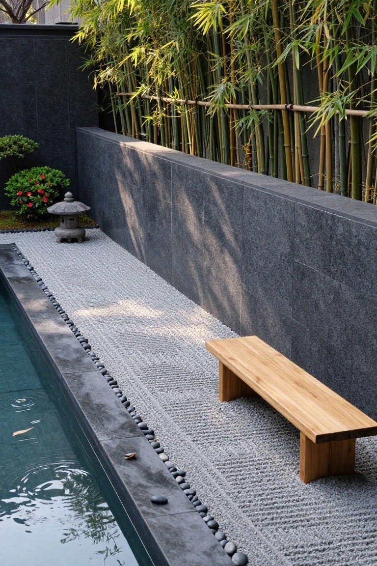Pool with turquoise water edged by raked white gravel path, black pebbles and rocks, wooden bench, stone lantern, small plants, bamboo, and dark stone retaining wall.