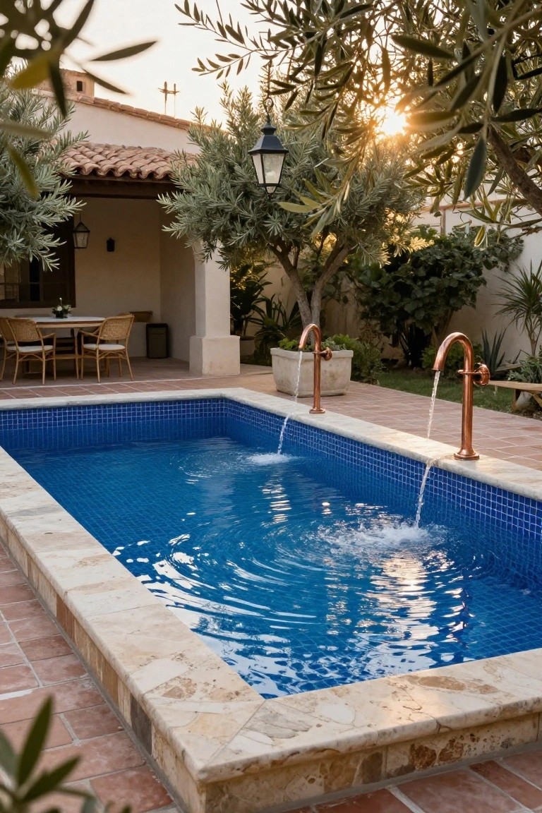 19 Elevated Inground Pool Ideas For A Relaxed Escape Rectangular inground pool with blue mosaic tiles, copper spouts mounted on stone coping pouring water into it, terracotta tile patio, outdoor dining table, olive trees, and lanterns in a walled courtyard at sunset.
