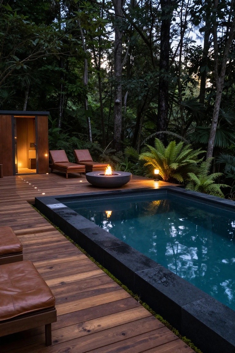 19 Elevated Inground Pool Ideas For A Relaxed Escape Wooden deck surrounding a small rectangular inground pool with black stone edging and glowing blue water, next to a lit fire pit bowl, lounge chairs, and a wooden structure, amid dense tropical forest at dusk.