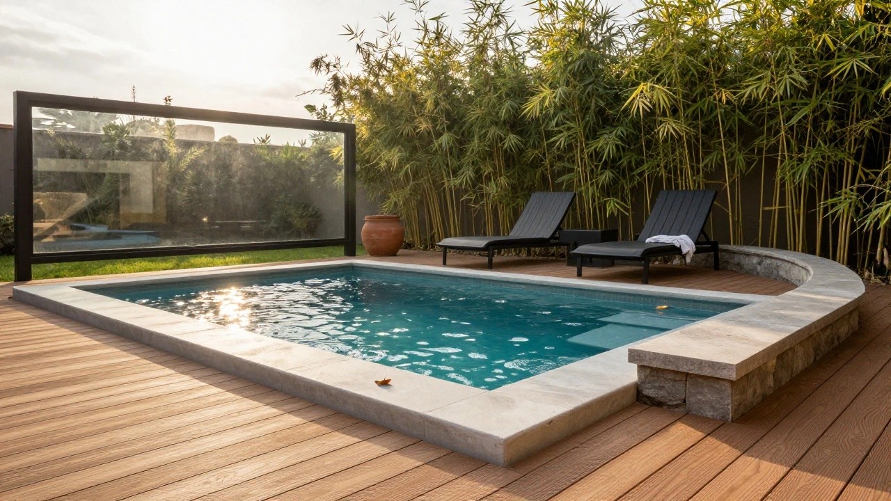 Small rectangular inground pool with turquoise water and reflections, surrounded by light wood decking, black loungers with white towels, terracotta pots, and tall green bamboo privacy screens behind clear glass fencing.