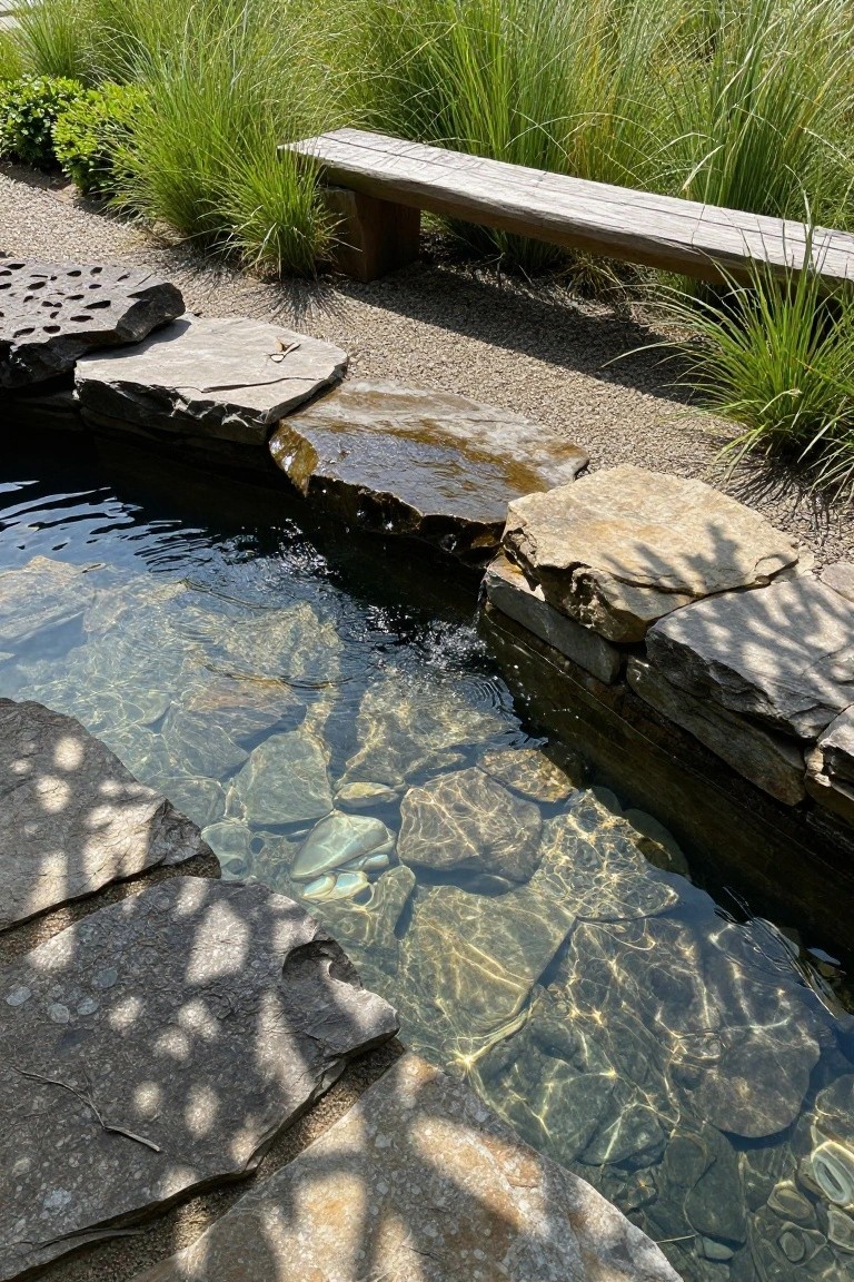 19 Elevated Inground Pool Ideas For A Relaxed Escape Small inground pool with irregular natural stone walls, clear shallow water over pebbles, surrounded by gravel paths, tall grasses, shrubs, and a wooden bench.