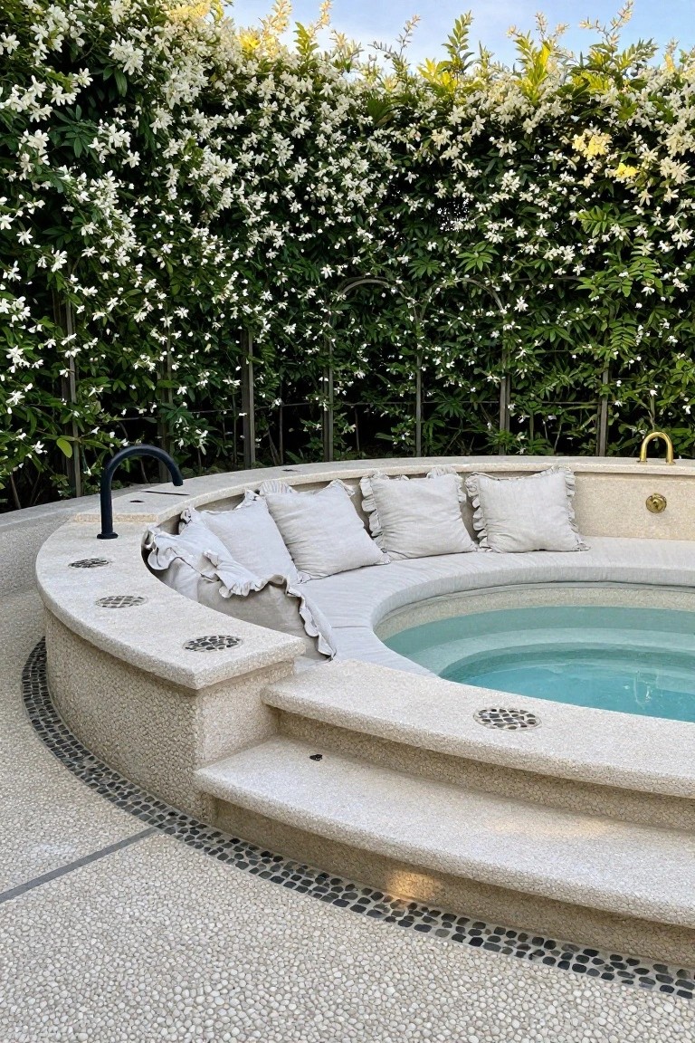 19 Elevated Inground Pool Ideas For A Relaxed Escape Circular inground hot tub with beige stone surround, built-in white ruffled cushions around the edge, black metal fence covered in white jasmine vines, and two stone steps leading up.