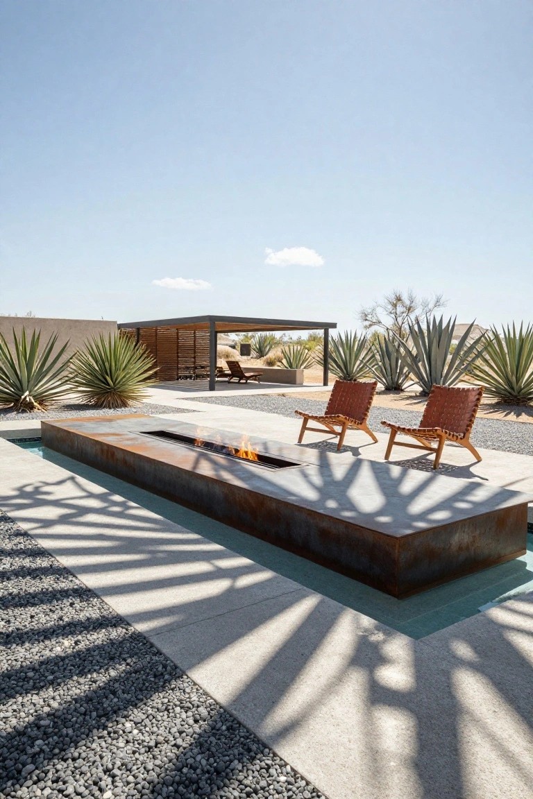 19 Elevated Inground Pool Ideas For A Relaxed Escape Raised corten steel platform with linear gas fire pit over turquoise water channel beside inground pool area, two woven wood chairs positioned nearby, agave plants and pergola in desert landscape under blue sky.