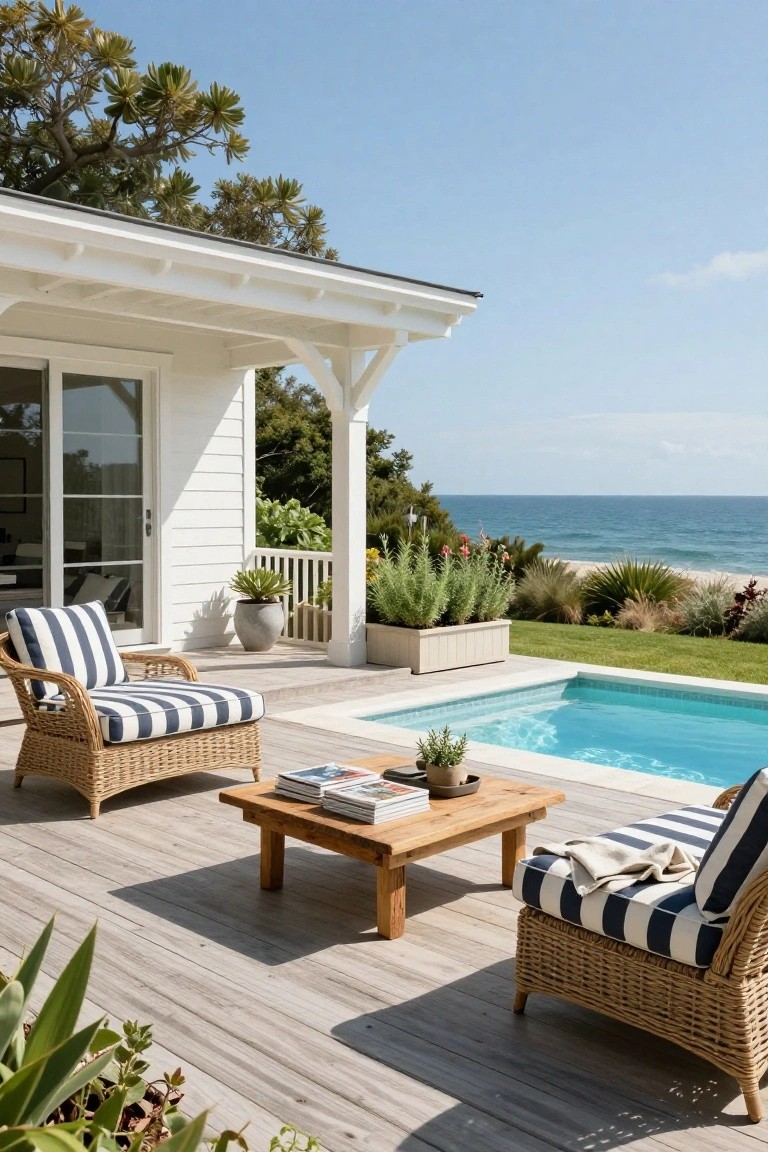 19 Elevated Inground Pool Ideas For A Relaxed Escape Wooden deck extending from a white house with sliding glass doors, featuring two wicker armchairs with navy and white striped cushions around a low wooden coffee table next to a small turquoise inground pool, surrounded by coastal plants and overlooking the ocean.
