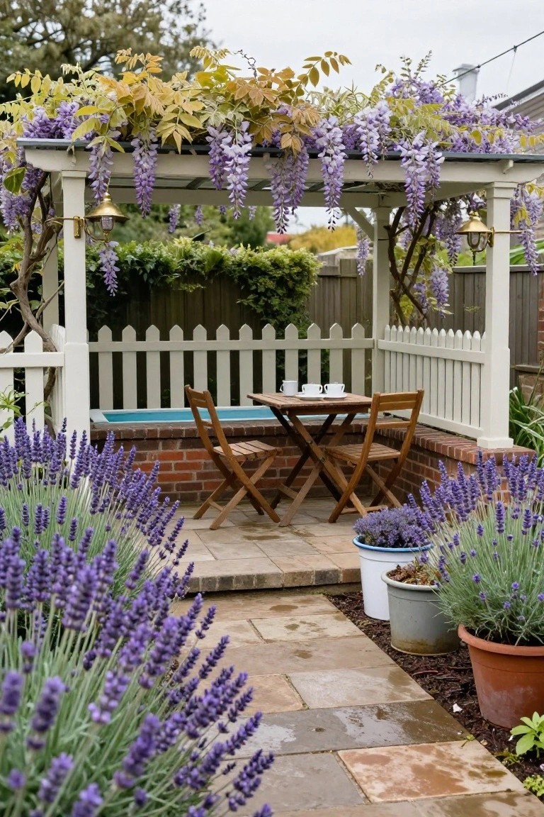 19 Elevated Inground Pool Ideas For A Relaxed Escape White pergola covered in purple wisteria flowers shading a small wooden table and two chairs next to a blue inground plunge pool, with lavender plants and potted flowers along a paved path bordered by white picket fence.