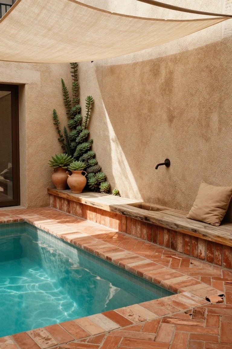 19 Elevated Inground Pool Ideas For A Relaxed Escape Small turquoise inground pool edged in red terracotta brick pavers with herringbone pattern, adjacent wooden bench with beige cushion, potted succulents, dripping black faucet over stone trough, against beige stucco wall under beige shade cloth.