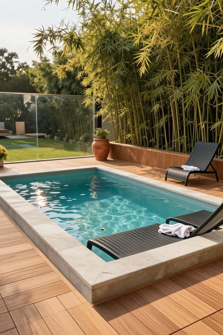 19 Elevated Inground Pool Ideas For A Relaxed Escape Small rectangular inground pool with turquoise water and reflections, surrounded by light wood decking, black loungers with white towels, terracotta pots, and tall green bamboo privacy screens behind clear glass fencing.