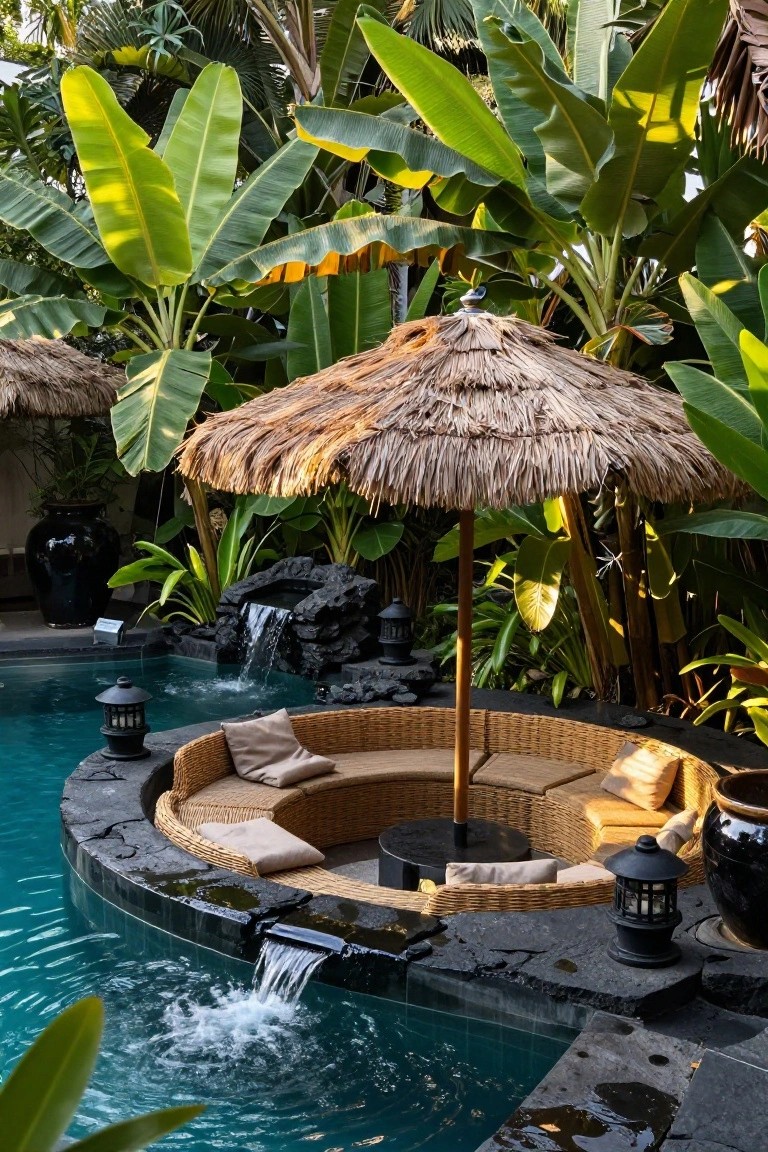 19 Elevated Inground Pool Ideas For A Relaxed Escape Tropical poolside cabana with woven thatch umbrella, stone waterfall, lush greenery.