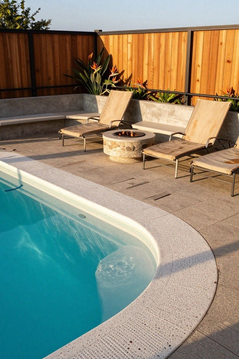 19 Elevated Inground Pool Ideas For A Relaxed Escape Stone fire pit with flames between two beige lounge chairs on a tiled patio next to a curved turquoise inground pool edge, with wooden fence and plants in the background.