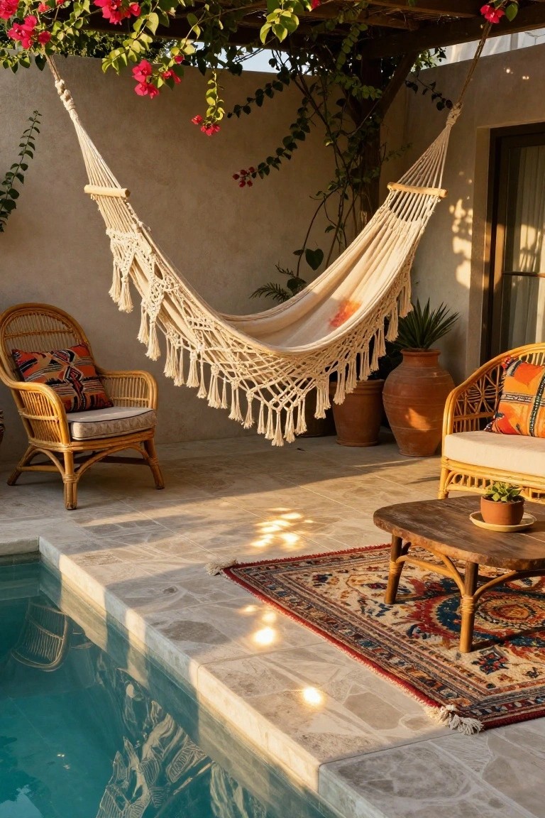19 Elevated Inground Pool Ideas For A Relaxed Escape Outdoor poolside patio with a large suspended white macramé hammock, rattan chairs, low wooden table on a rug, potted plants, terracotta pots, and pink bougainvillea vines overhead on a pergola.