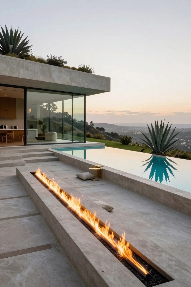 19 Elevated Inground Pool Ideas For A Relaxed Escape Concrete terrace with long linear fire pit adjacent to rectangular infinity pool, steps to glass-walled house interior, agave plants, and hillside view at dusk.