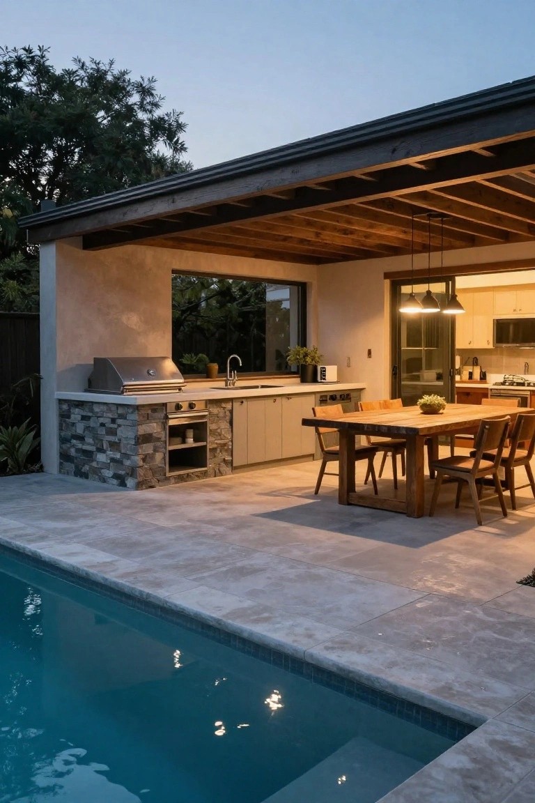 19 Elevated Inground Pool Ideas For A Relaxed Escape Outdoor kitchen with built-in stainless steel grill, stone countertop, sink, and cabinets under a wooden covered patio next to an inground pool, featuring a wooden dining table with chairs on tiled pavers at dusk.