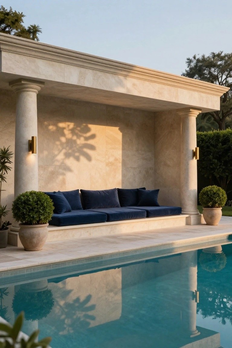 19 Elevated Inground Pool Ideas For A Relaxed Escape Stone pavilion with columns, built-in bench topped with navy cushions, wall-mounted gold sconces, potted plants and boxwoods beside an inground pool.