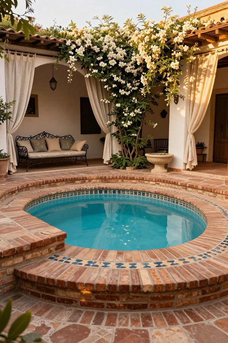 19 Elevated Inground Pool Ideas For A Relaxed Escape Small round blue-tiled inground pool embedded in terracotta brick steps within a courtyard featuring white flowering vines on arches, draped white curtains, potted plants, and a wrought-iron bench.