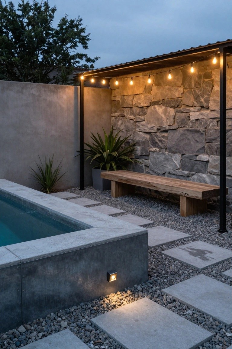 19 Elevated Inground Pool Ideas For A Relaxed Escape Inground pool with concrete edging, wooden bench against stone wall, potted agave plants, string lights on covered structure, paver path with gravel, and low wall light at dusk.