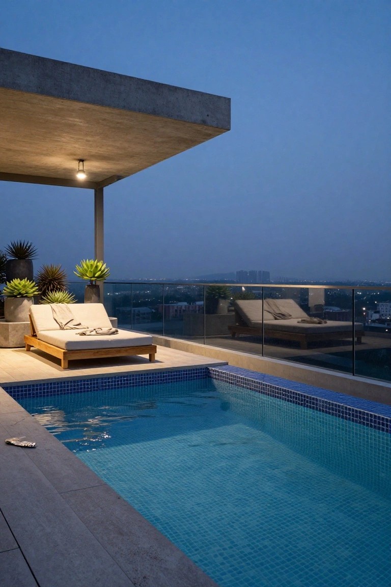 19 Elevated Inground Pool Ideas For A Relaxed Escape Rooftop terrace with a narrow rectangular inground pool tiled in blue mosaics along the edge, wooden loungers with draped towels, potted spiky plants, glass railing, and city skyline view at dusk.