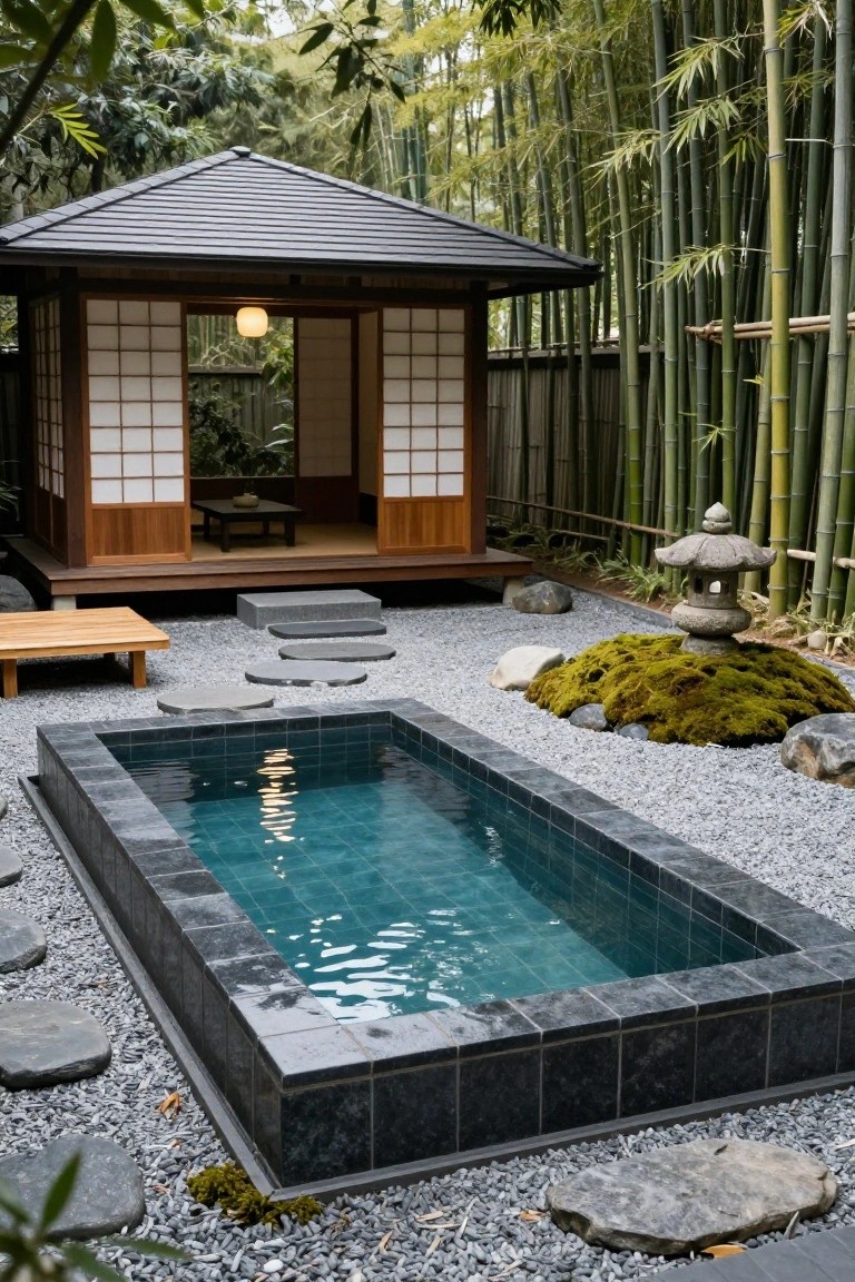 19 Elevated Inground Pool Ideas For A Relaxed Escape Rectangular inground pool with dark blue-green tiles in a gravel Japanese garden, surrounded by stepping stones, mossy rocks, stone lantern, bamboo, and a wooden pavilion with shoji screens.