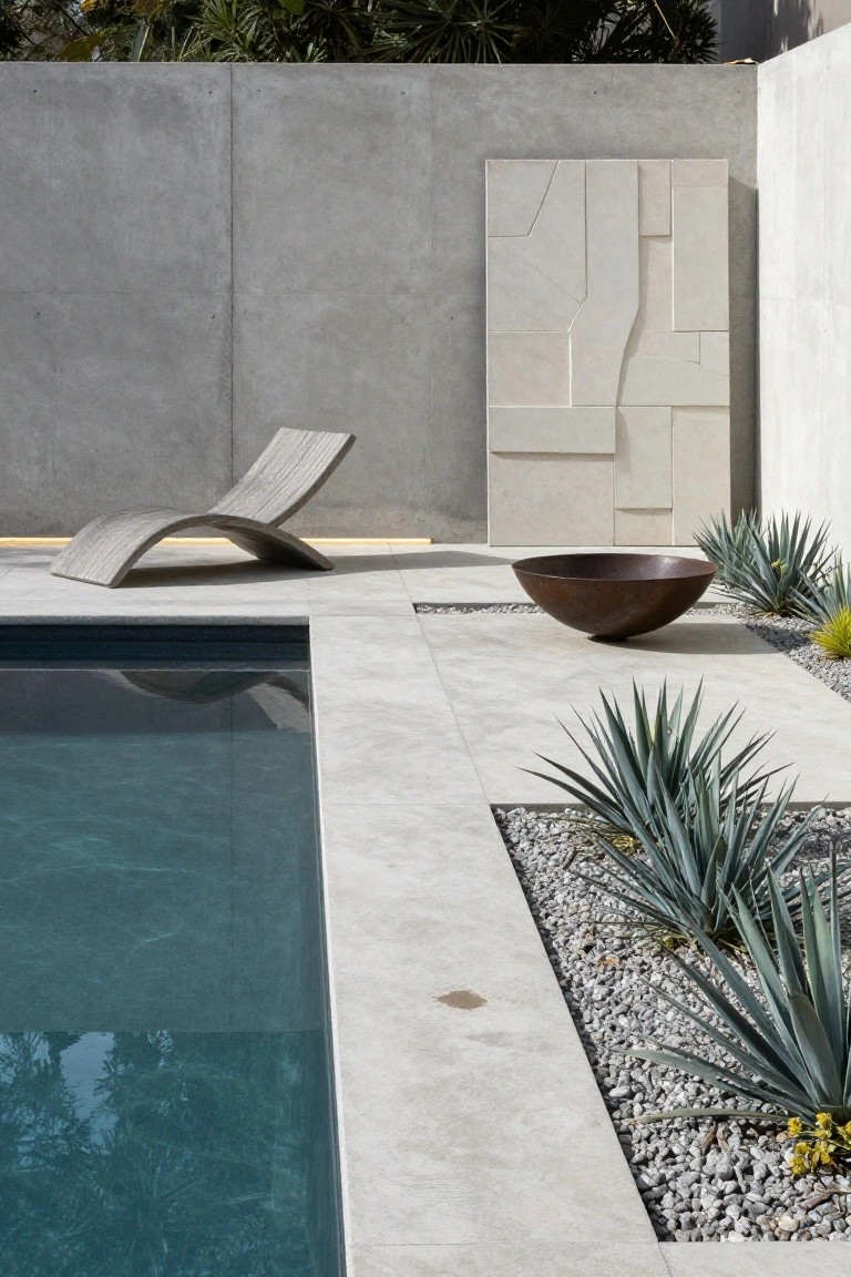 Curved gray wooden lounge chair on light gray tiled pool deck next to dark blue pool, with agave plants in white pebble borders along the edge, large bronze bowl planter, and tall concrete walls with abstract white stone panels.