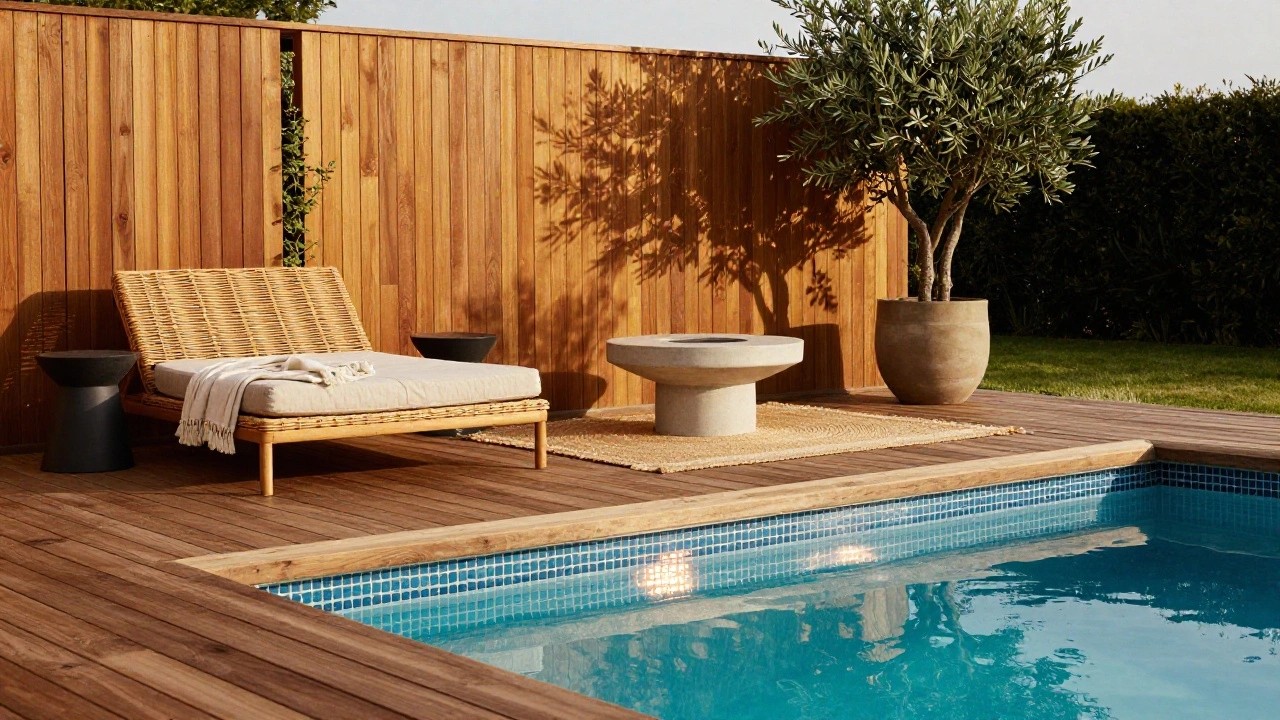 Wooden deck beside a blue mosaic-tiled pool edge with a white-cushioned rattan loveseat, black tapered side tables, a daybed with throw, wooden fence with planter, olive tree, and greenery.