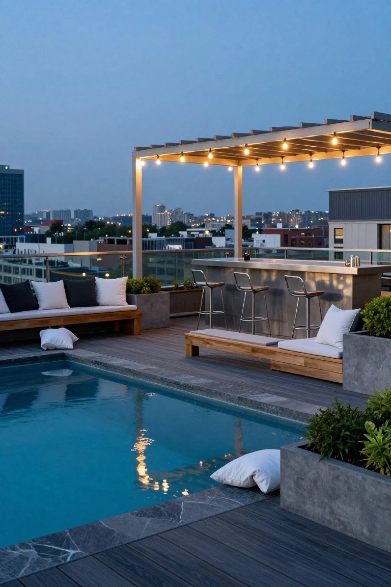 Rooftop pool deck at dusk with a stainless steel bar counter and barstools under a wooden pergola strung with bulb lights, flanked by wooden benches with pillows and potted plants, overlooking a city skyline.