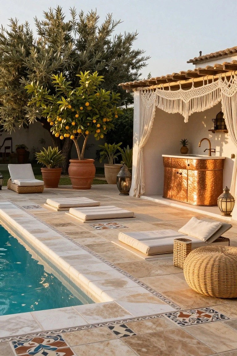 Pool deck area featuring low white cushions on stone tiles next to a turquoise pool, with a hammered copper sink in a cabinet under a draped white pergola, surrounded by potted plants, orange tree, and loungers.