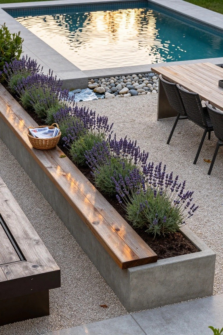 Modern backyard with concrete planter, lavender, wooden bench, and poolside dining table.