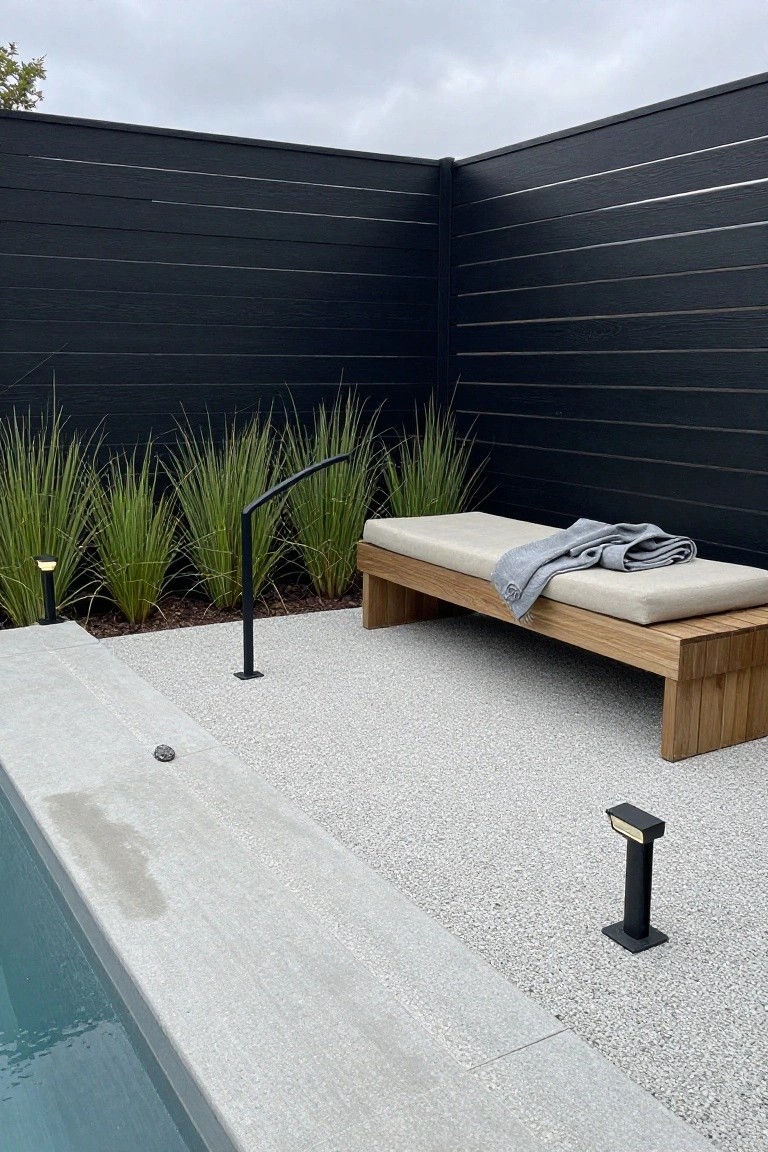Pool edge with light gray exposed aggregate coping extending to a pebbled gray patio, wooden daybed lounger with cushions and blanket nearby, tall grasses, black wood fence, and black path lights.