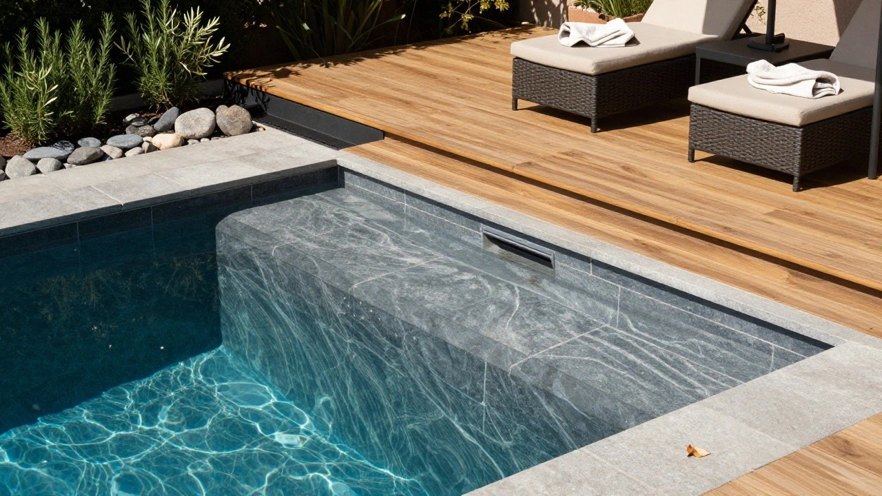 Overhead view of a rectangular pool with dark blue rippling water, gray stone coping edged with white pebbles, adjacent light wood deck holding two wicker loungers with white towels, a small side table, beige umbrella, and potted plants.