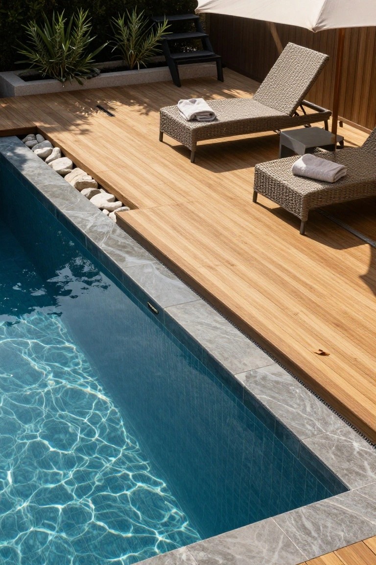 Overhead view of a rectangular pool with dark blue rippling water, gray stone coping edged with white pebbles, adjacent light wood deck holding two wicker loungers with white towels, a small side table, beige umbrella, and potted plants.