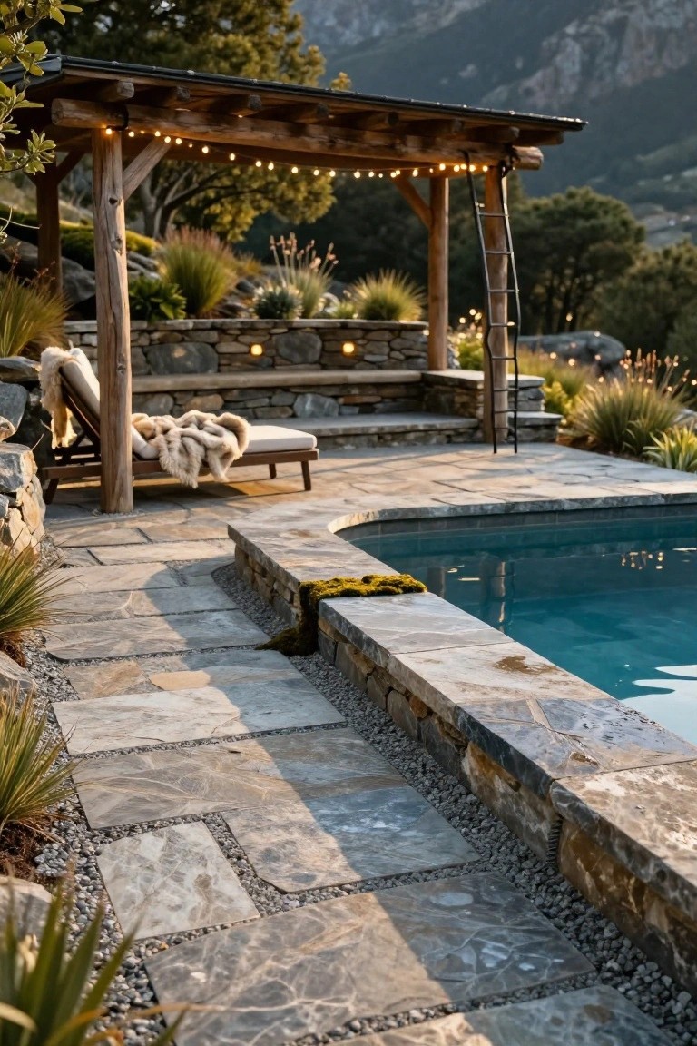 Wooden pergola with string lights over a pool decked in irregular gray stone slabs with gravel joints, a lounger chair on the deck, stone walls, plants, and mountains in the background.