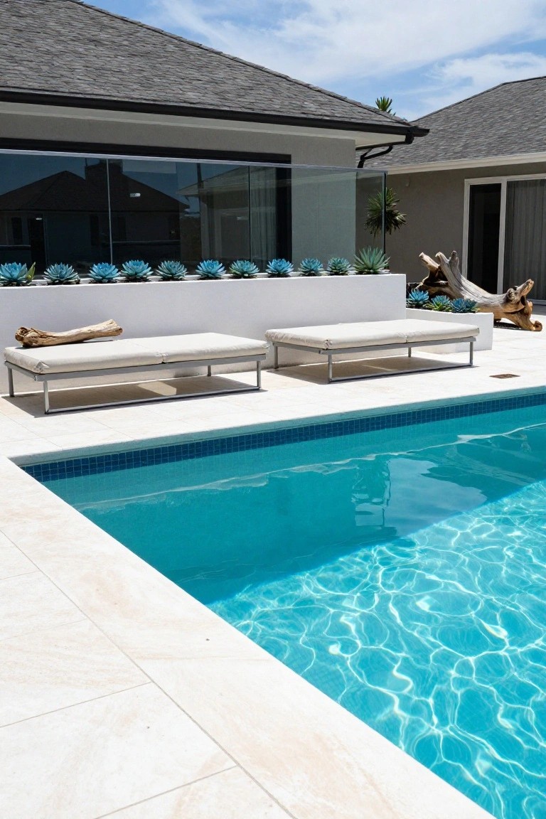 A rectangular pool with light beige travertine-style tile coping edged in blue tiles, adjacent white metal-framed daybeds with cushions, driftwood pieces, potted blue succulents, and a modern house in the background.