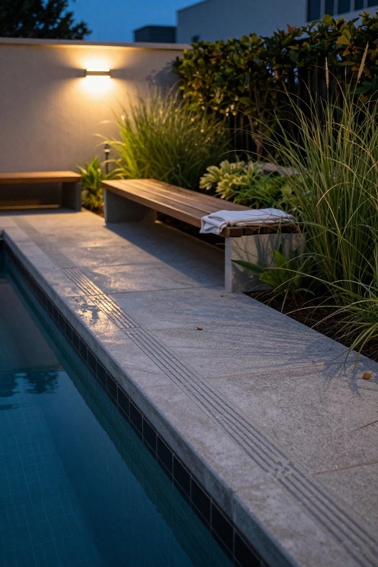 Close view of pool coping in light gray stone with grooved edges, topped by a wooden bench holding a folded white towel, flanked by tall ornamental grasses and low plants, illuminated at dusk next to blue pool water.