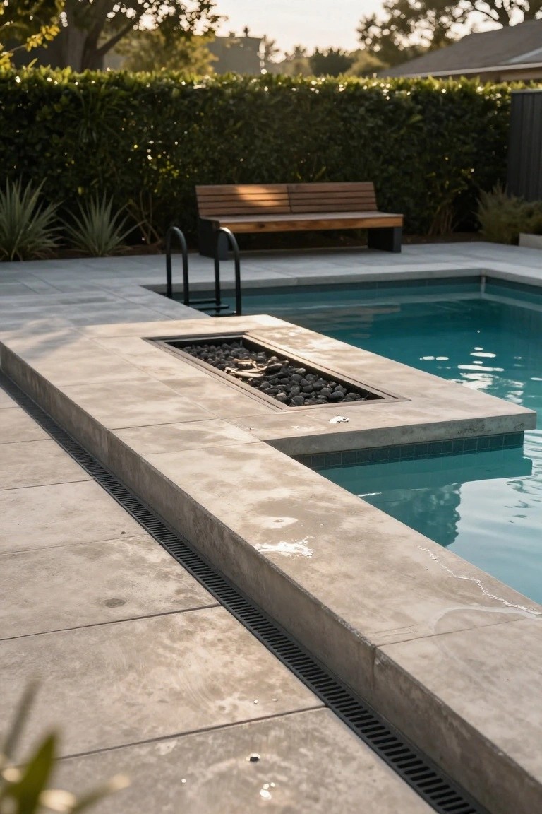 Gray stone pool coping with recessed fire pit filled with black rocks, linear channel drain, black ladder entering turquoise pool water, wooden bench nearby, and surrounding landscaping.