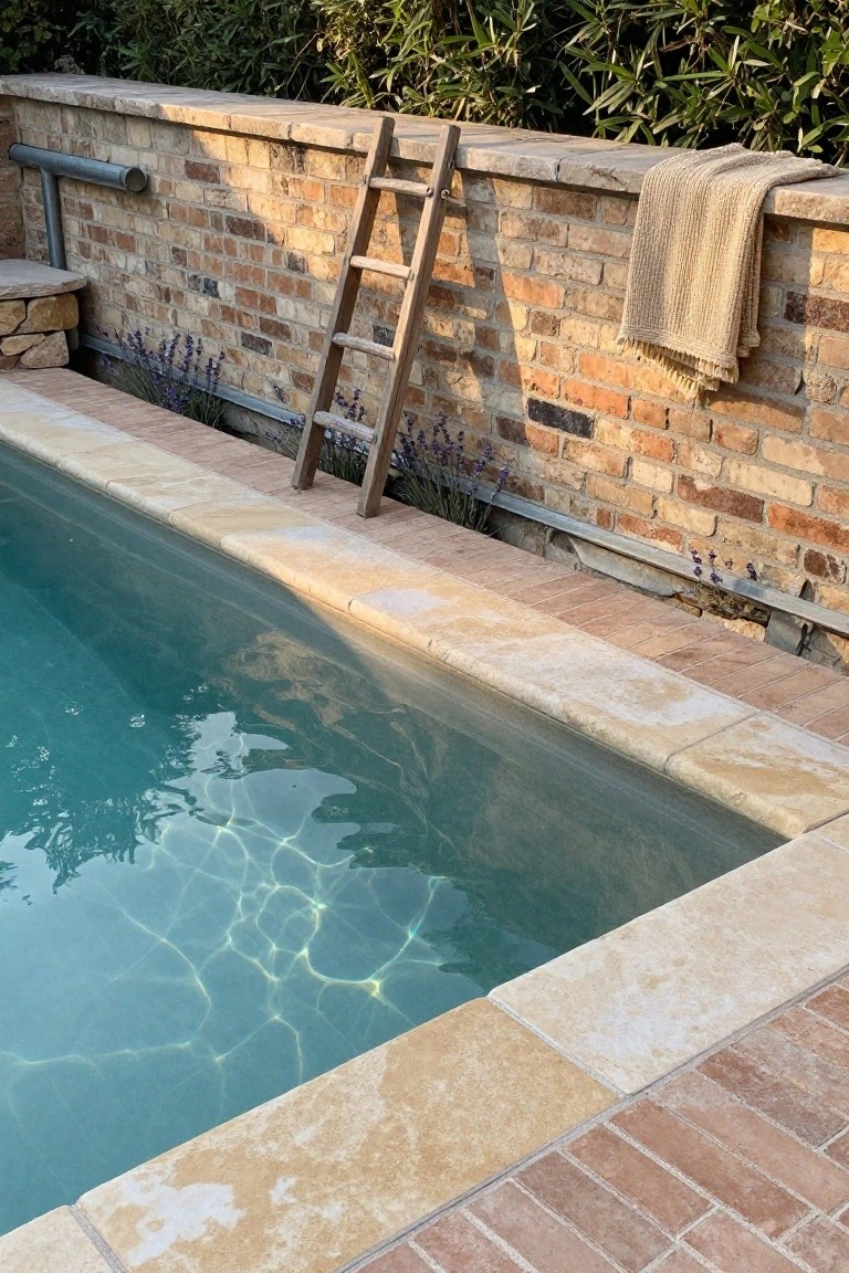 A swimming pool with light beige stone coping along the edge, a wooden ladder leaning against an adjacent brick wall topped with a draped beige towel, lavender plants nearby, and greenery in the background.