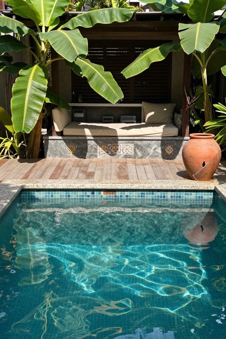 Tropical pool with rippling turquoise water, wooden deck, banana plants, and terracotta vase.