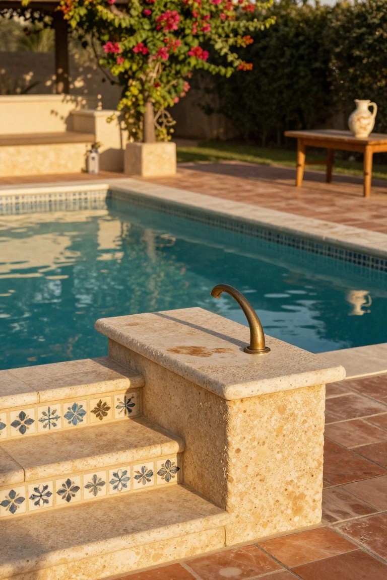 Beige stone pool coping and steps with blue and white star-patterned tile risers, a curved brass wall faucet over turquoise water, terracotta tiled patio, and background landscaping with bougainvillea and hedges.