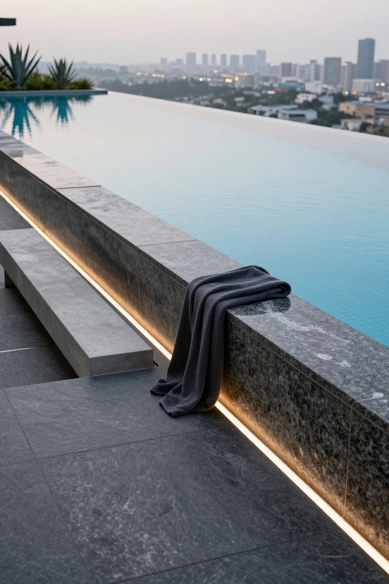 Rooftop infinity edge pool with dark gray stone coping edged in LED lighting strips, a folded gray towel on the coping, concrete bench nearby, agave plants, and hazy city skyline view at dusk.