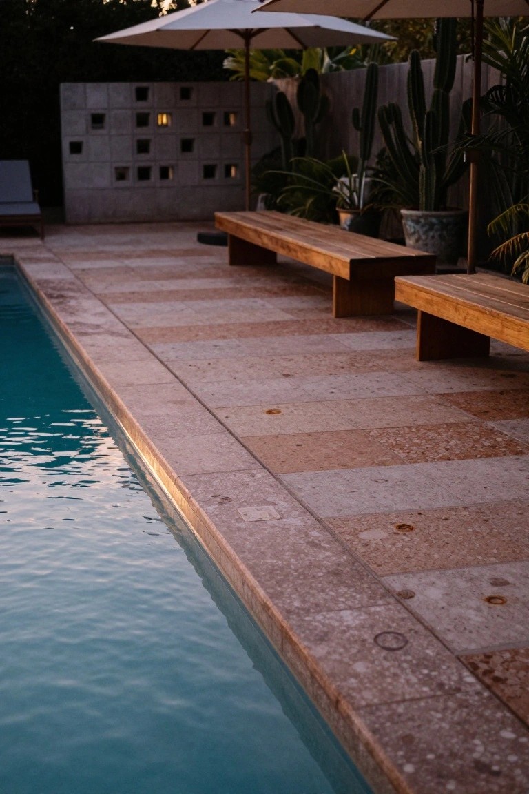 Pool edge with light speckled terrazzo-style stone coping, wooden benches on tiled decking, umbrellas, potted plants, and cacti against a concrete wall at dusk.