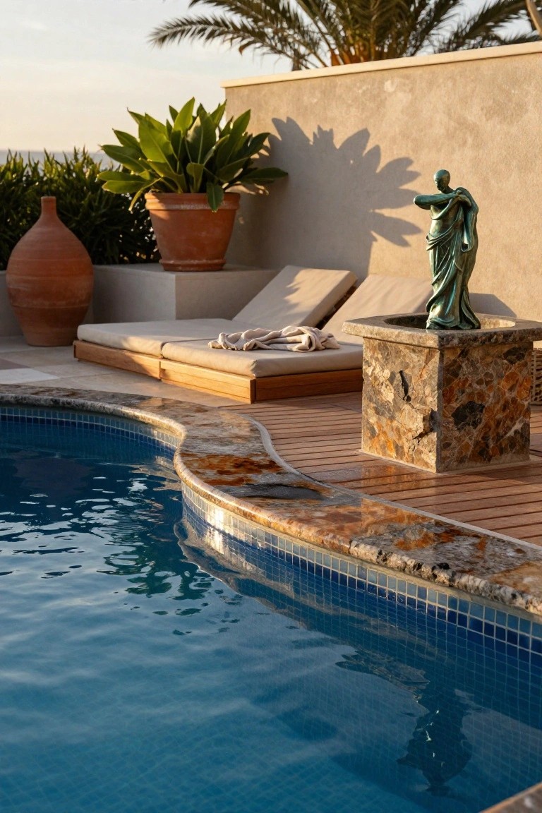 Curved infinity-edge pool with blue mosaic tiles and mottled brown textured stone coping, adjacent wooden deck with beige lounge chairs, terracotta pots with plants, and green bronze statue on stone pedestal on a rooftop terrace at sunset.