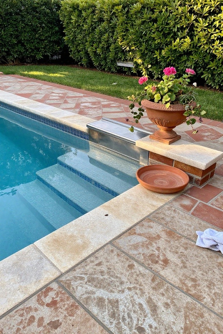 Pool edge with beige textured stone coping, integrated steps into blue water, stainless steel overflow channel, terracotta pot with pink geraniums, empty terracotta saucer, brick base, and hedge background.