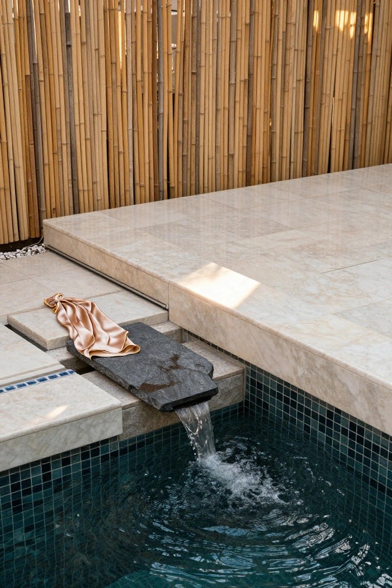 Beige travertine stone platform and coping around a small teal mosaic-tiled pool, with a dark rectangular stone slab at the edge over which water flows, orange towel draped on the coping, and bamboo fencing in the background.